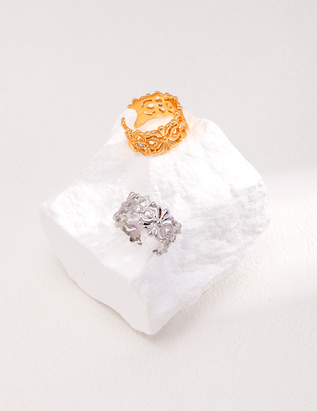 Crowned Ice S925 Silver White/Vintage Gold Plated, Bold Cocktail Ring,Adjustable Statement Ring Size 14-20