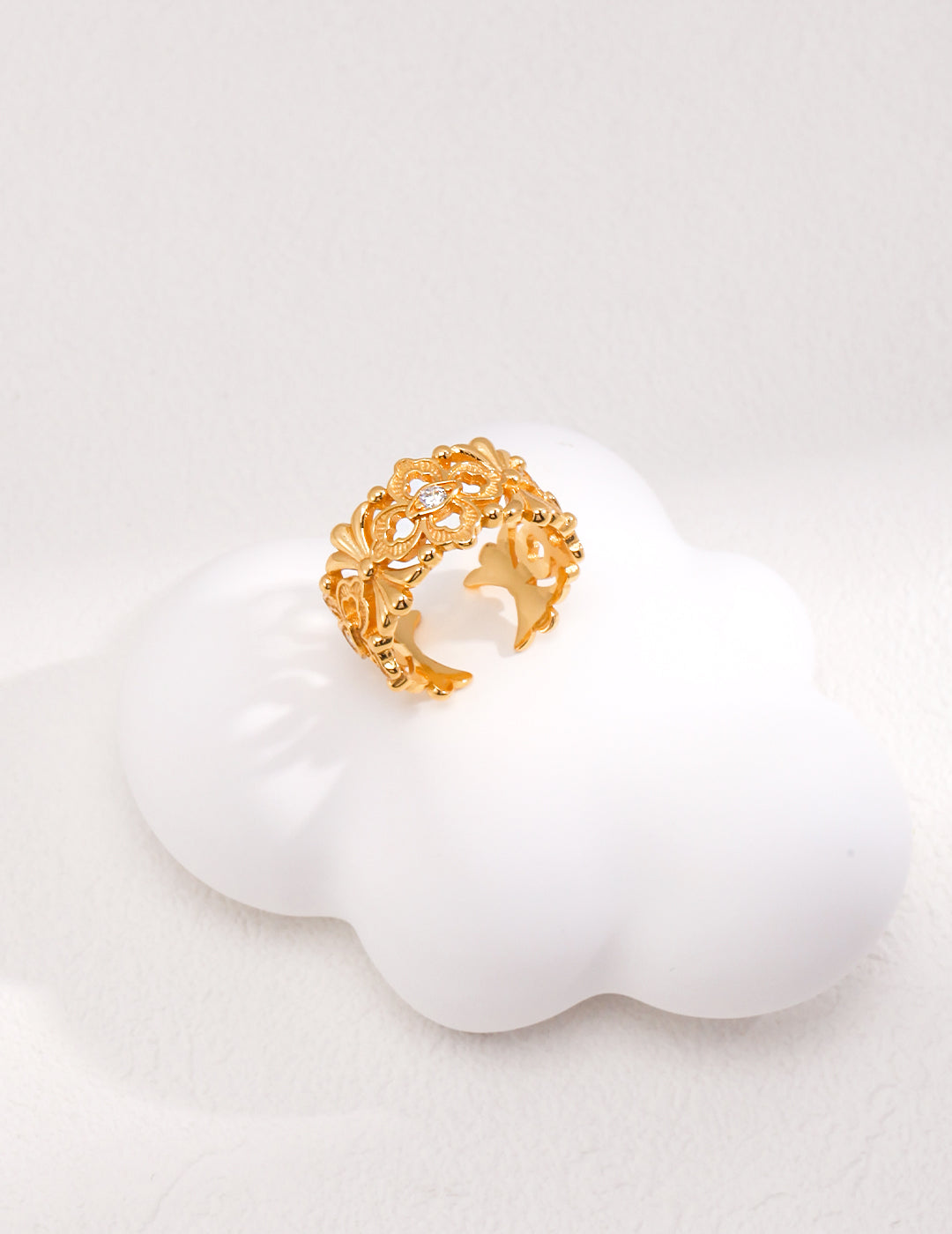 Crowned Ice S925 Silver White/Vintage Gold Plated, Bold Cocktail Ring,Adjustable Statement Ring Size 14-20
