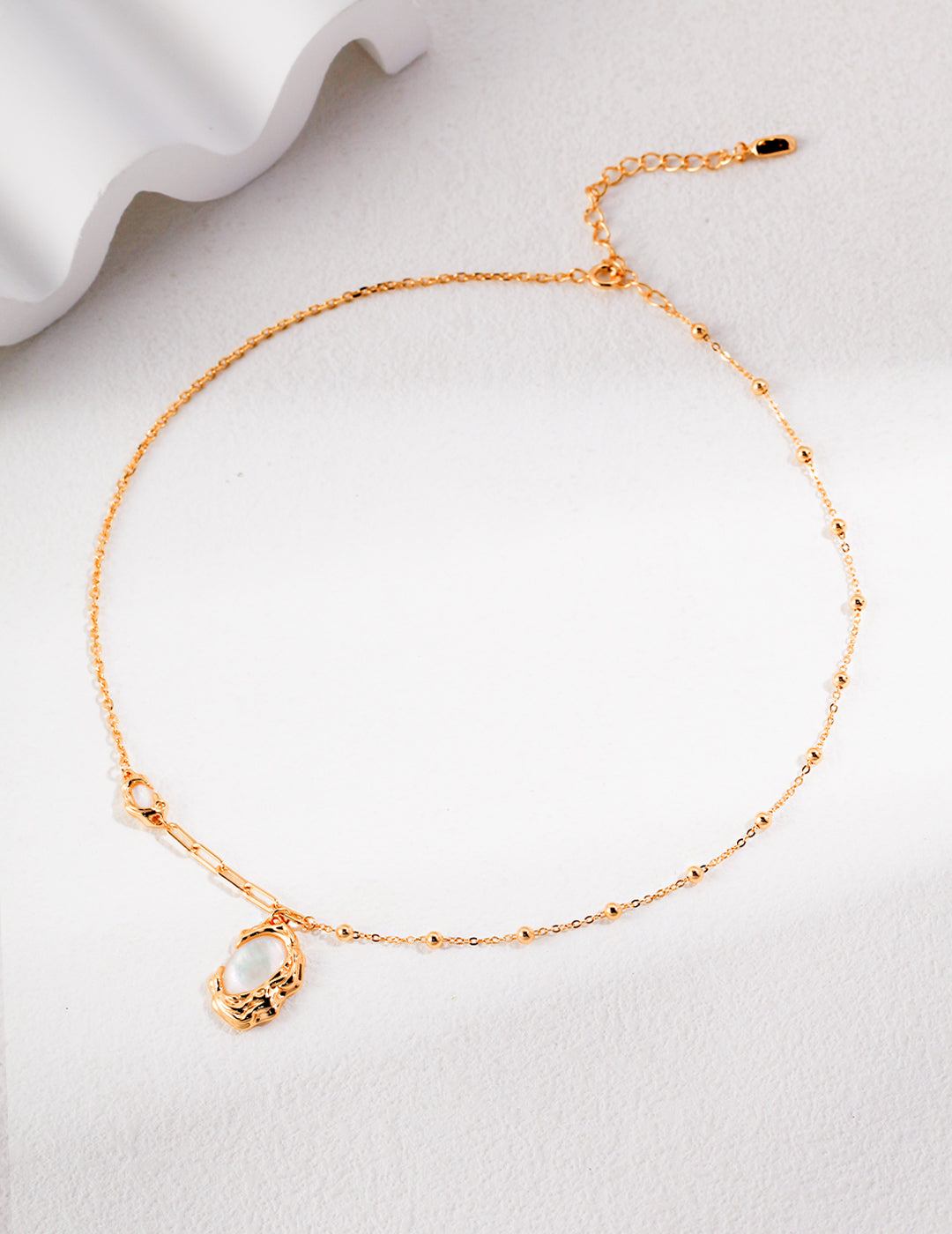 Crowned Ice S925 Sterling Silver - White Gold & Vintage Gold Plated Mother of Pearl Necklace, Iridescent Shell Pendant Adjustable Chain