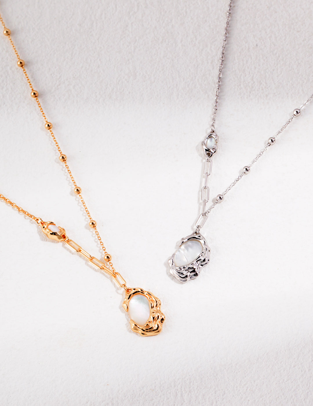 Crowned Ice S925 Sterling Silver - White Gold & Vintage Gold Plated Mother of Pearl Necklace, Iridescent Shell Pendant Adjustable Chain