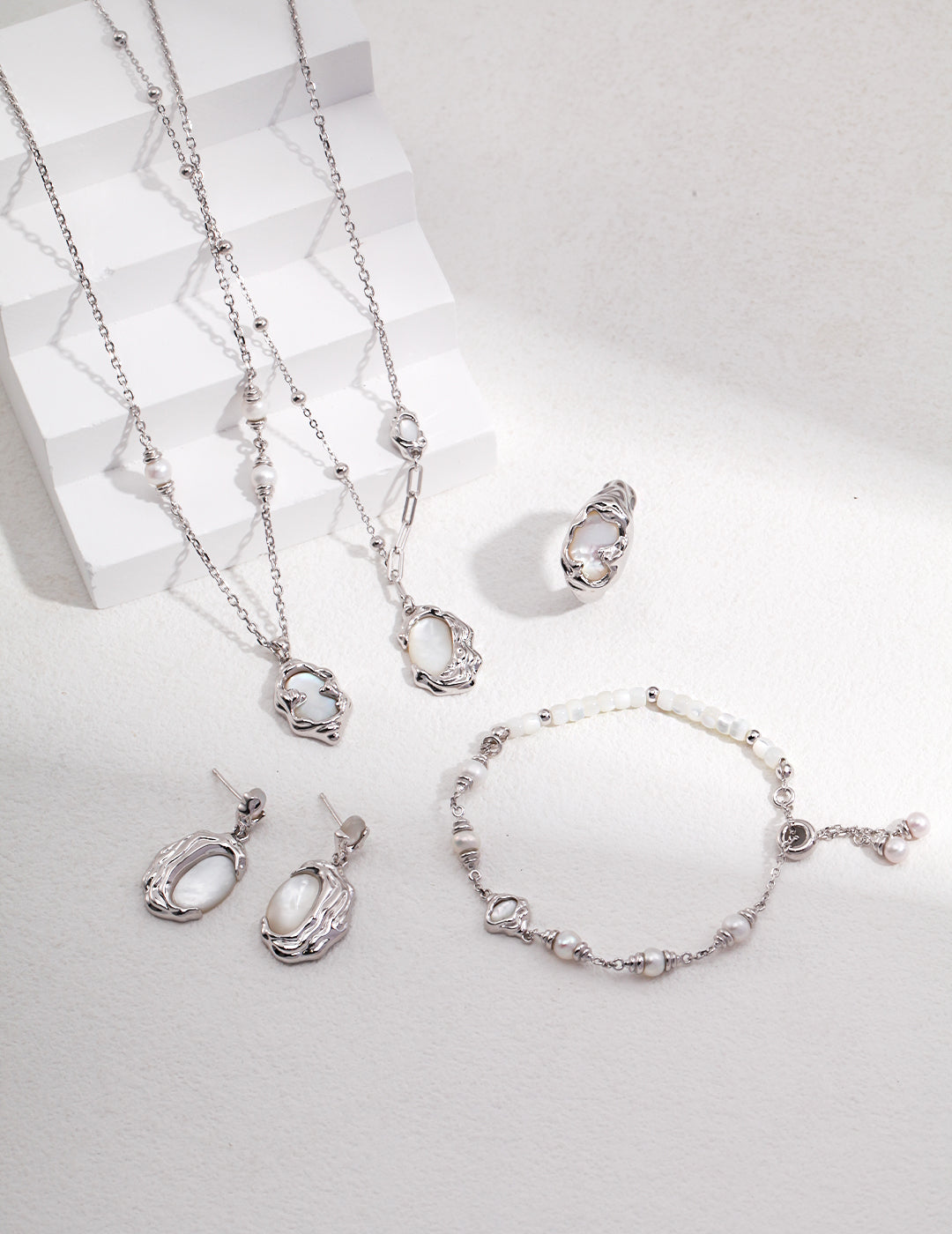 Crowned Ice S925 Sterling Silver - White Gold & Vintage Gold Plated Mother of Pearl Necklace, Iridescent Shell Pendant Adjustable Chain
