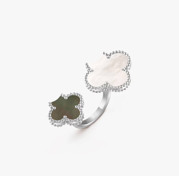 White mother-of-pearl + gray mother-of-pearl clover leaf ring with 18K gold plating