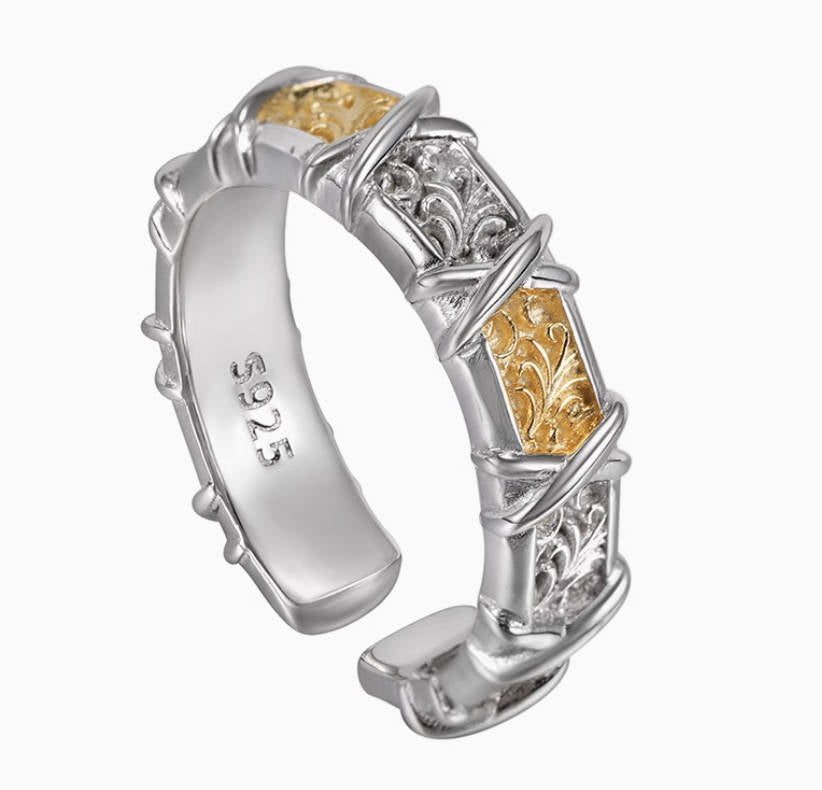 Crowned Ice S925 Silver Retro Grass Pattern Carved Ring – Adjustable & Romantic INS Style
