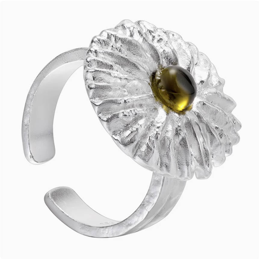 Crowned Ice S925 Silver Chrysanthemum Carved Ring – Unique Botanical Ring for Nature Lovers