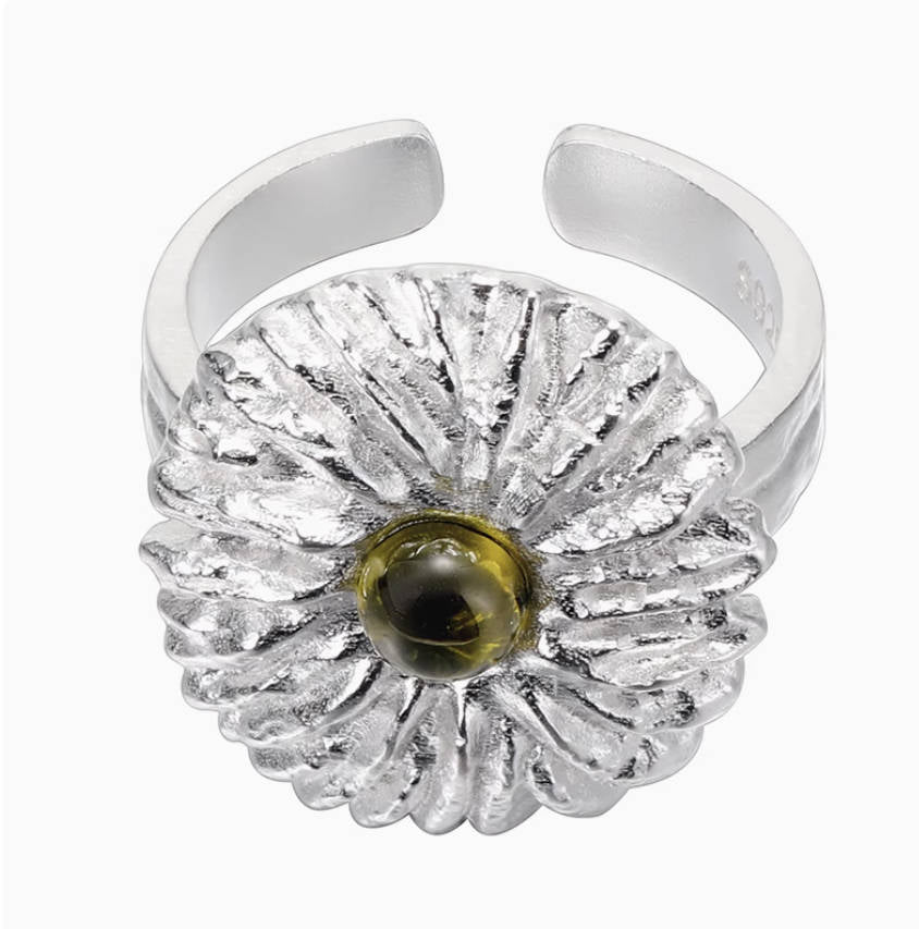 Crowned Ice S925 Silver Chrysanthemum Carved Ring – Unique Botanical Ring for Nature Lovers