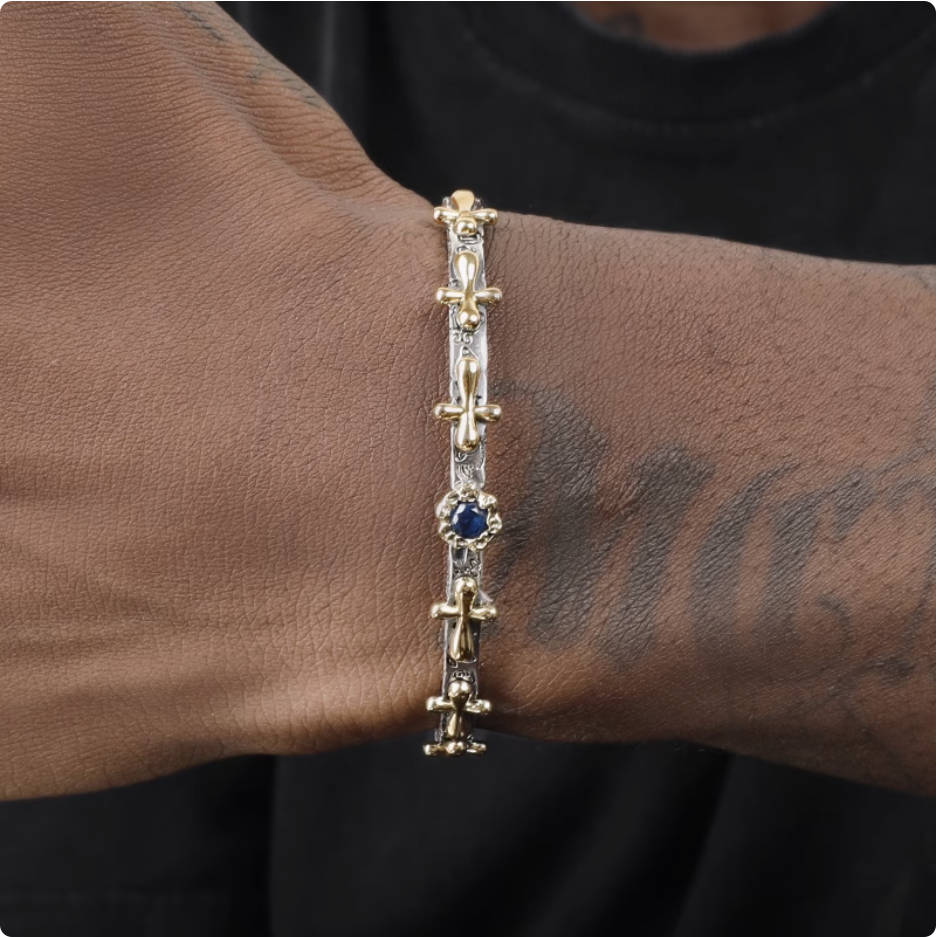 Crowned Ice S925 Silver Vintage Cross Bracelet – Adjustable Unisex Religious Chain