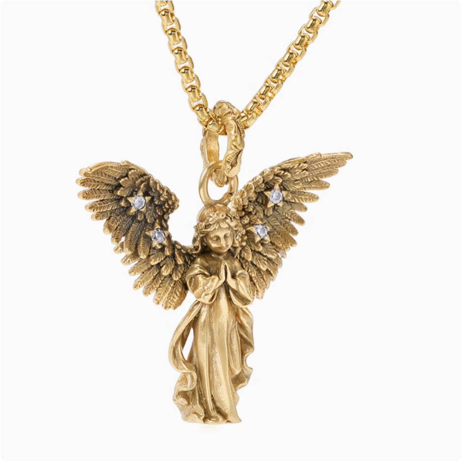 Crowned Ice Vintage Gold-tone Plating Angel Pendant Necklace – Gothic Cross Chain with Spiritual Edge