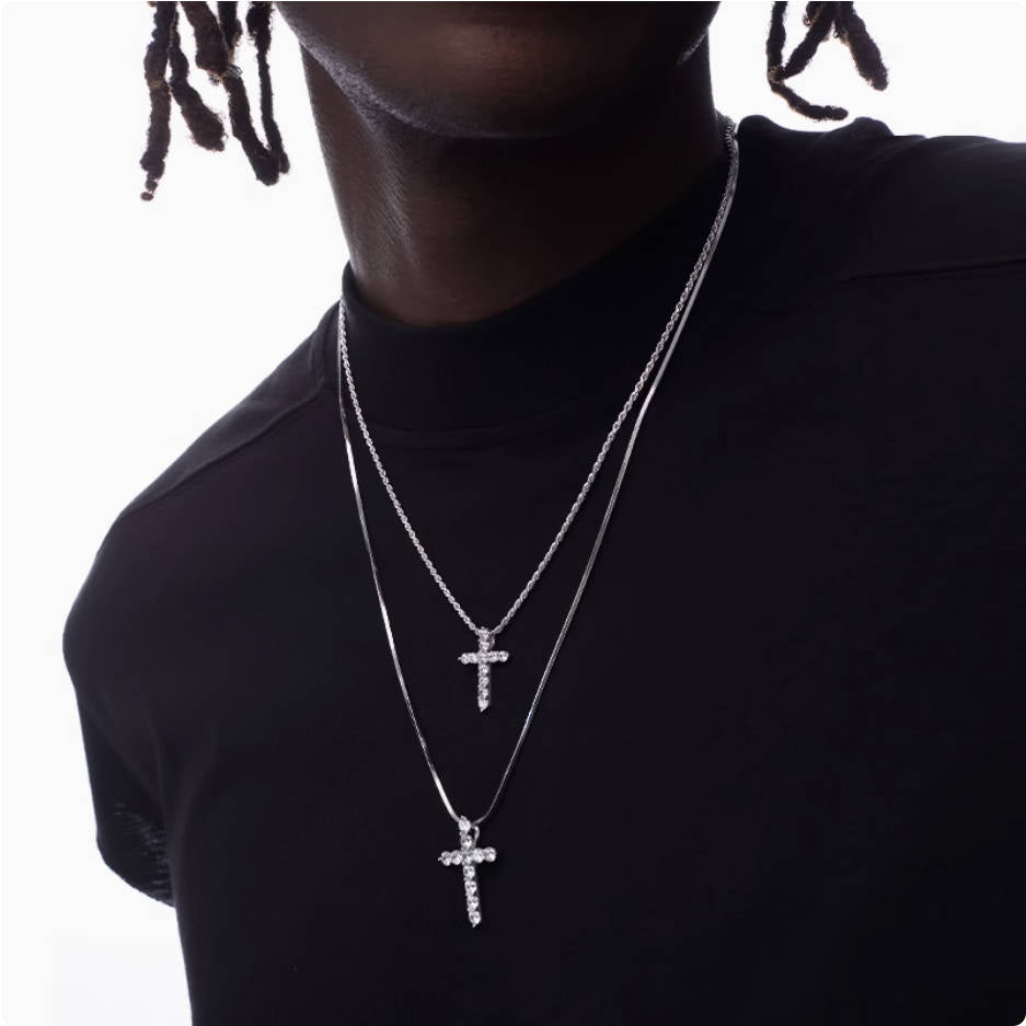 Crowned Ice S925 Cross Necklace with Full Gem Pave – Romantic Faith Chain for Couples