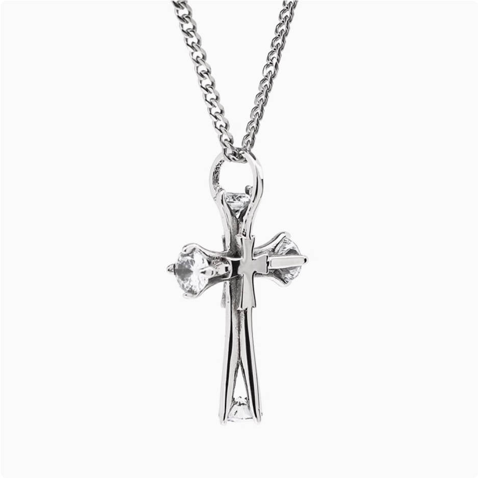 Crowned Ice S925 Double Cross Pendant Necklace – Layered Street Style with Meaning