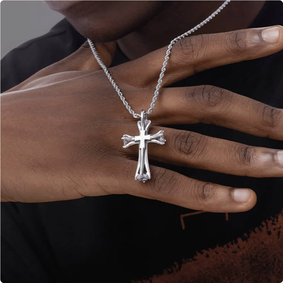 Crowned Ice S925 Double Cross Pendant Necklace – Layered Street Style with Meaning