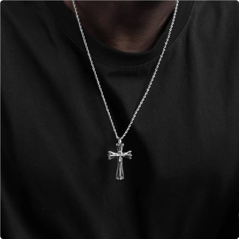 Crowned Ice S925 Double Cross Pendant Necklace – Layered Street Style with Meaning