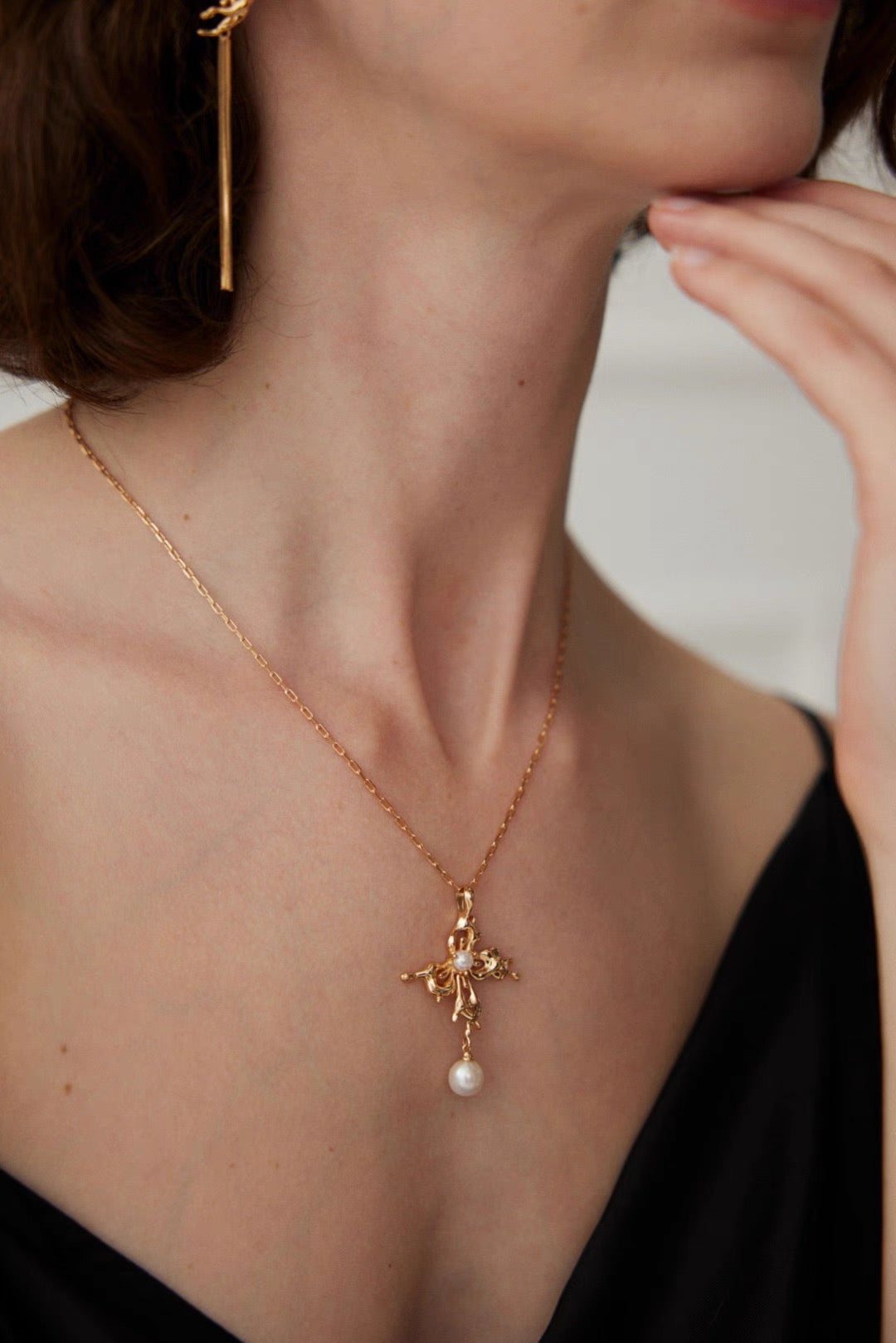 Elegant Butterfly Cross Pearl Necklace
