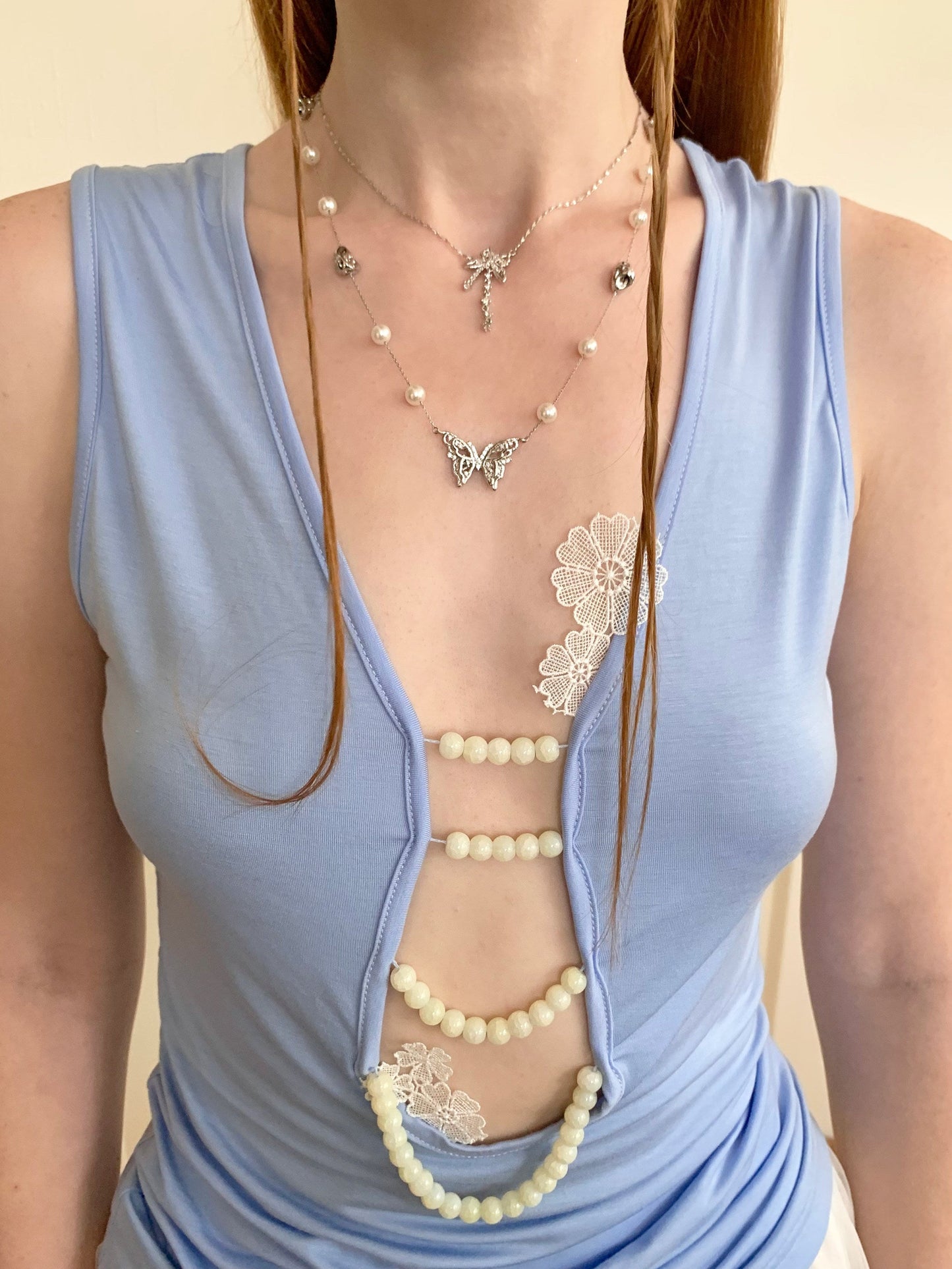 Silver Wing Series Lace Butterfly Pearl Starry Choker Necklace