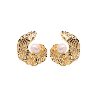 Fashion Irregular Metal Pearl Earrings – Spiral Design
