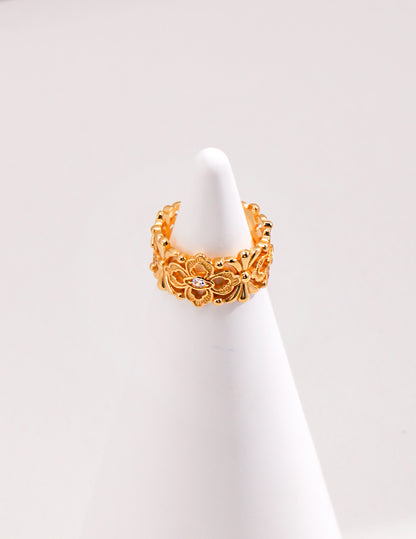 Crowned Ice S925 Silver White/Vintage Gold Plated, Bold Cocktail Ring,Adjustable Statement Ring Size 14-20