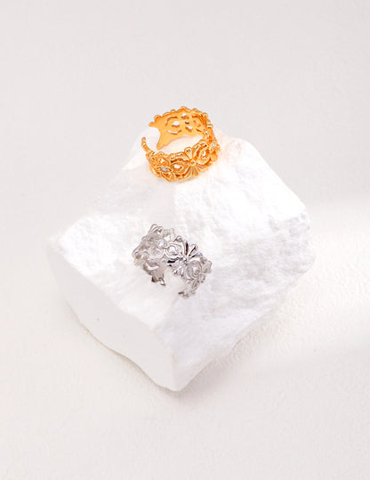 Crowned Ice S925 Silver White/Vintage Gold Plated, Bold Cocktail Ring,Adjustable Statement Ring Size 14-20