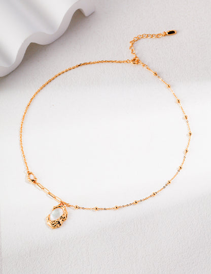 Crowned Ice S925 Sterling Silver - White Gold & Vintage Gold Plated Mother of Pearl Necklace, Iridescent Shell Pendant Adjustable Chain