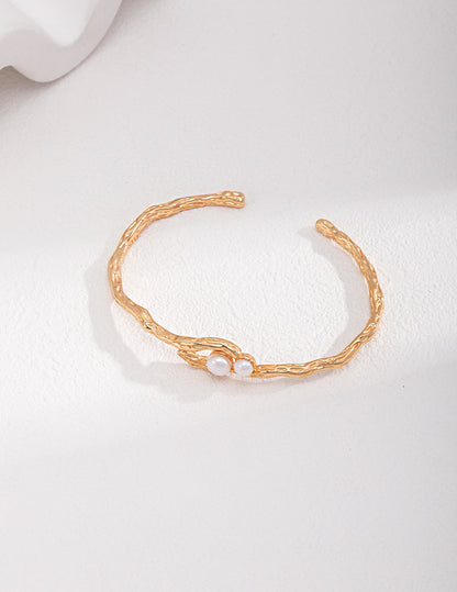 S925 Vintage Gold Sterling Silver Natural Pearl Bangle