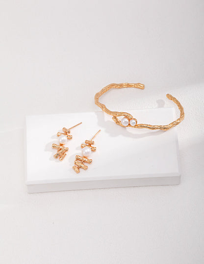 S925 Vintage Gold Sterling Silver Natural Pearl Bangle