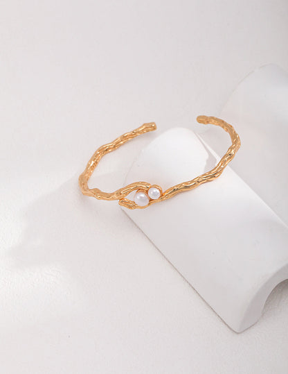 S925 Vintage Gold Sterling Silver Natural Pearl Bangle