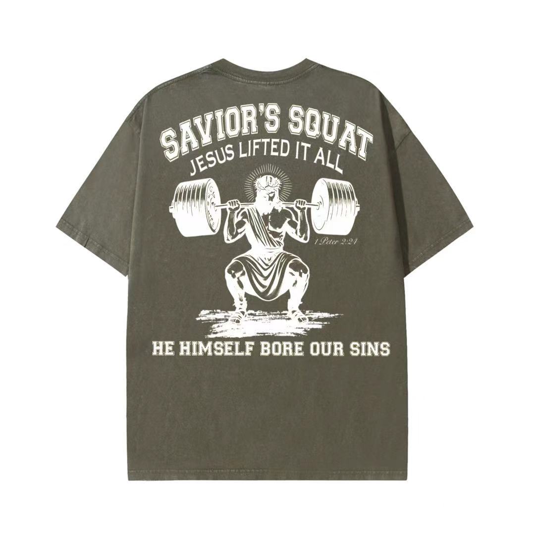 Christian Washed T-Shirt | Savior’s Squat – Jesus Lifted It All