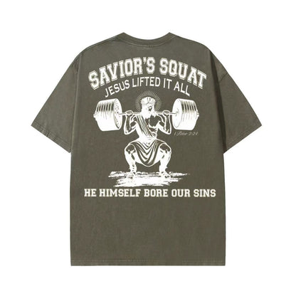 Christian Washed T-Shirt | Savior’s Squat – Jesus Lifted It All