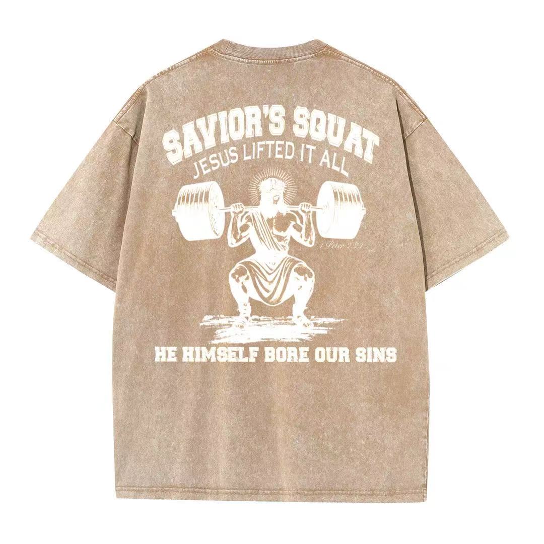 Christian Washed T-Shirt | Savior’s Squat – Jesus Lifted It All