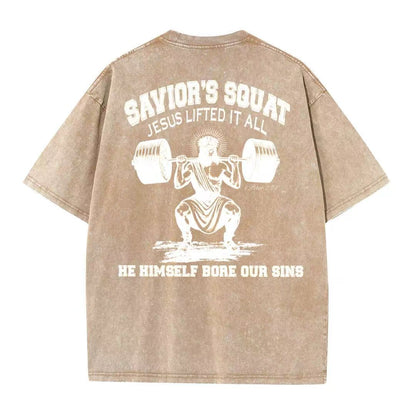 Christian Washed T-Shirt | Savior’s Squat – Jesus Lifted It All