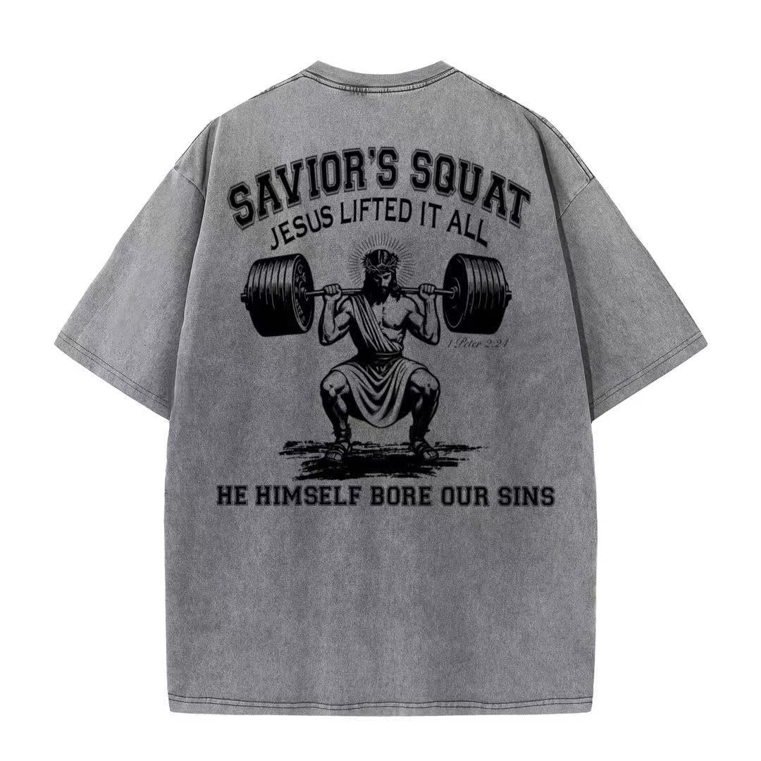 Christian Washed T-Shirt | Savior’s Squat – Jesus Lifted It All