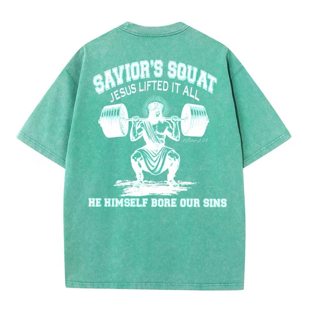Christian Washed T-Shirt | Savior’s Squat – Jesus Lifted It All