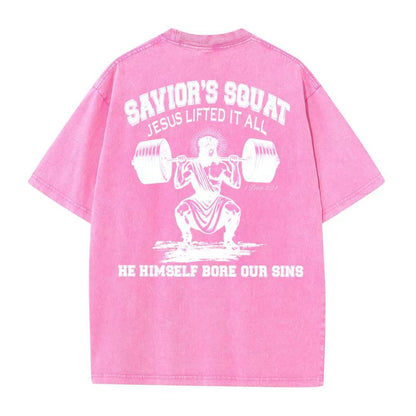 Christian Washed T-Shirt | Savior’s Squat – Jesus Lifted It All