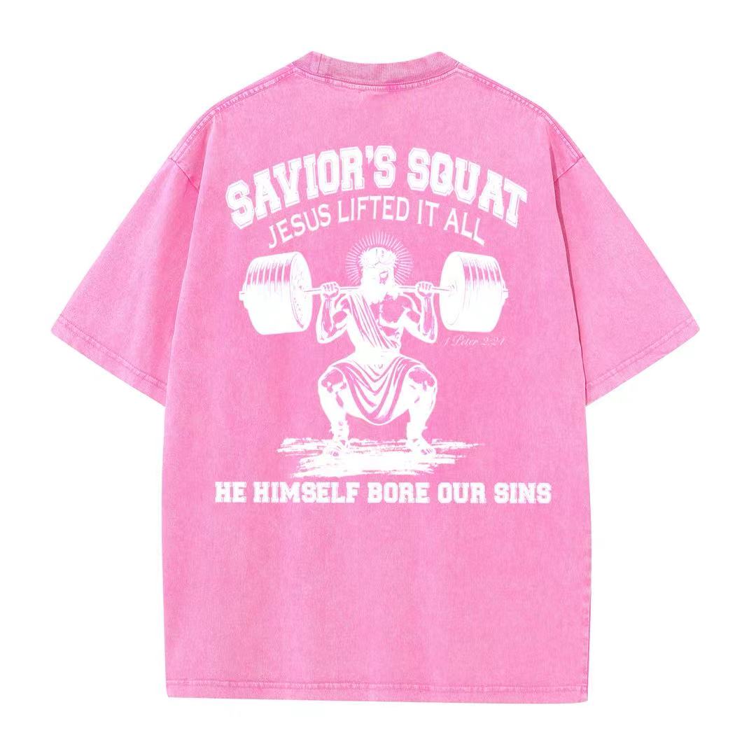 Christian Washed T-Shirt | Savior’s Squat – Jesus Lifted It All