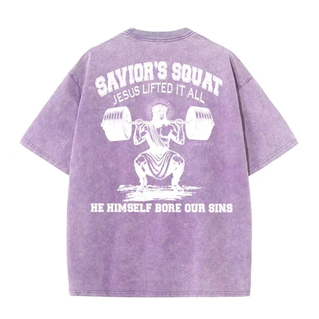 Christian Washed T-Shirt | Savior’s Squat – Jesus Lifted It All