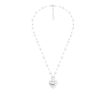 Diamond-Grid Series Heart 3D Pendant Long Pearl Necklace