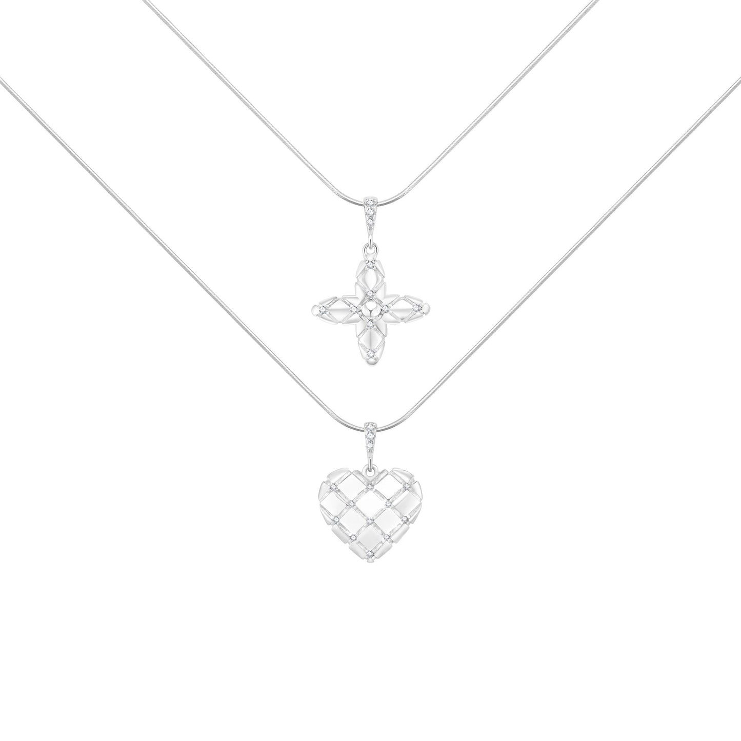 Diamond-Grid Series Starburst Heart Pendant Layered Choker Necklace