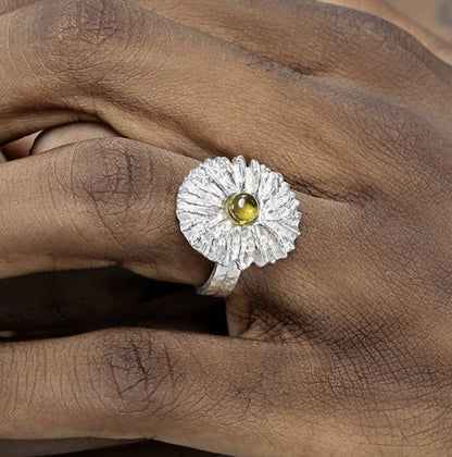 Crowned Ice S925 Silver Chrysanthemum Carved Ring – Unique Botanical Ring for Nature Lovers
