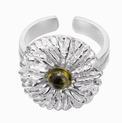 Crowned Ice S925 Silver Chrysanthemum Carved Ring – Unique Botanical Ring for Nature Lovers