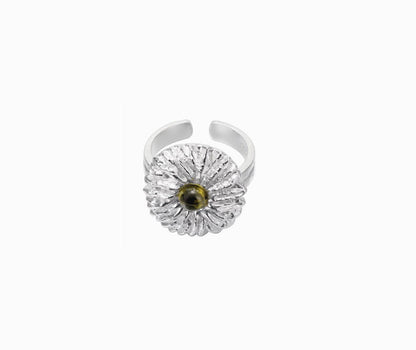 Crowned Ice S925 Silver Chrysanthemum Carved Ring – Unique Botanical Ring for Nature Lovers