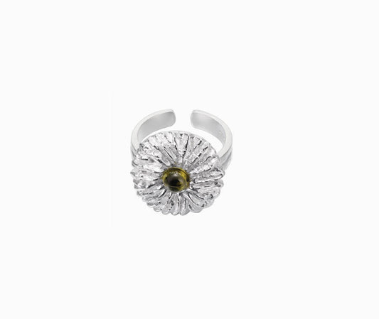 Crowned Ice S925 Silver Chrysanthemum Carved Ring – Unique Botanical Ring for Nature Lovers