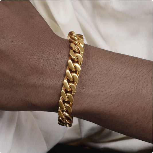 Crowned Ice GR 18K Gold-tone Plating Cuban Bracelet – Heavy Vintage Chain for Men