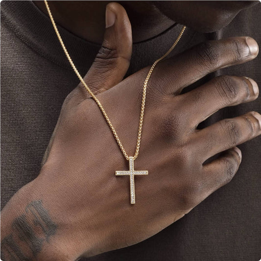 Crowned Ice 18K Gold-tone Plating Cross Pendant Necklace – Luxury Street Faith Necklace for Men