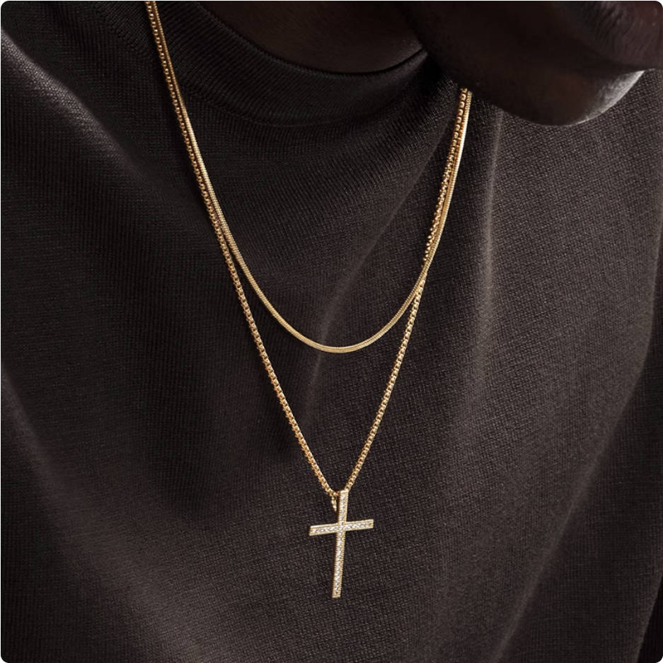 Crowned Ice 18K Gold-tone Plating Cross Pendant Necklace – Luxury Street Faith Necklace for Men