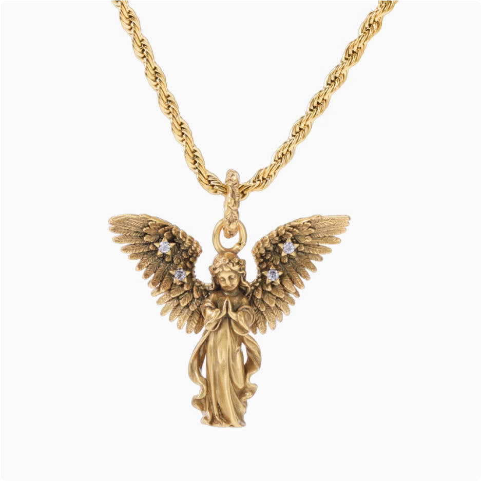 Crowned Ice Vintage Gold-tone Plating Angel Pendant Necklace – Gothic Cross Chain with Spiritual Edge
