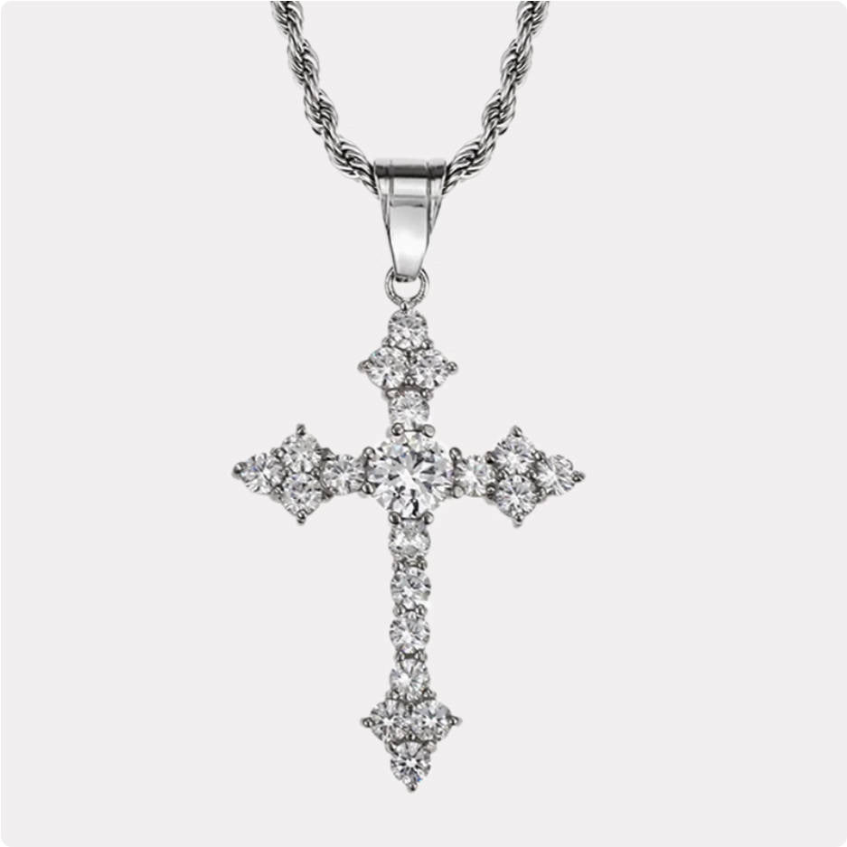 Crowned Ice Silver Cross with Gemstone Drop Necklace – Classic Hip-Hop Style with Faith