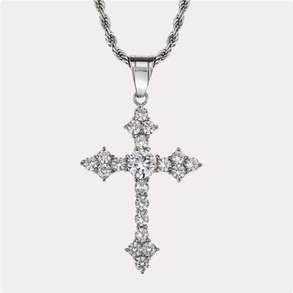 Crowned Ice Silver Cross with Gemstone Drop Necklace – Classic Hip-Hop Style with Faith