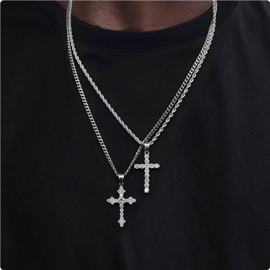 Crowned Ice Silver Cross with Gemstone Drop Necklace – Classic Hip-Hop Style with Faith