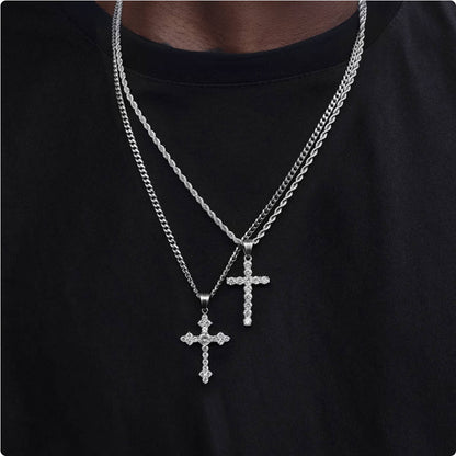 Crowned Ice Silver Cross with Gemstone Drop Necklace – Classic Hip-Hop Style with Faith