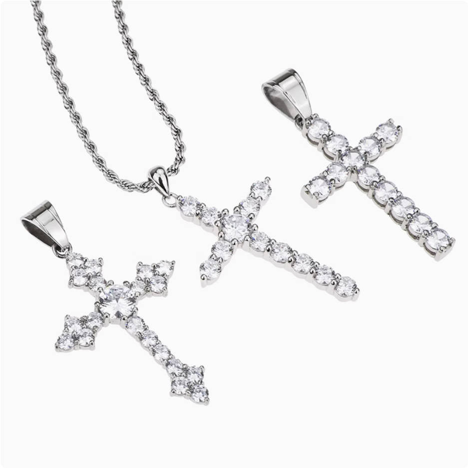 Crowned Ice Silver Cross with Gemstone Drop Necklace – Classic Hip-Hop Style with Faith