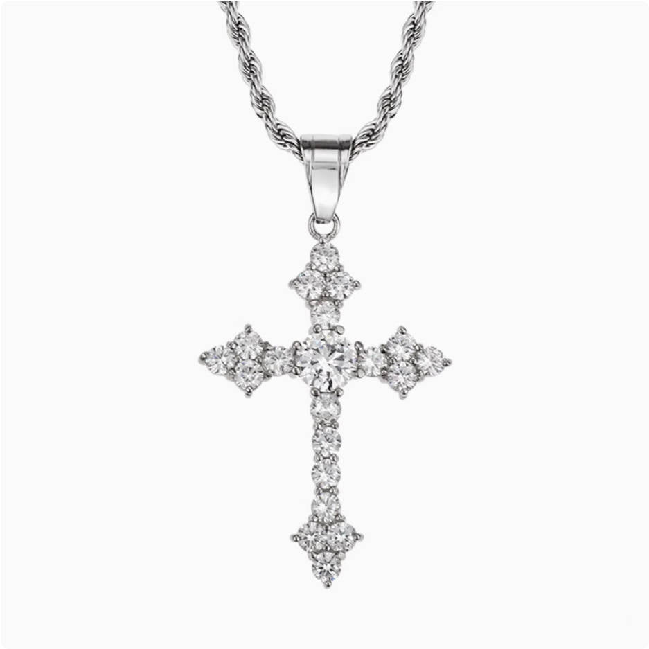 Crowned Ice Silver Cross with Gemstone Drop Necklace – Classic Hip-Hop Style with Faith
