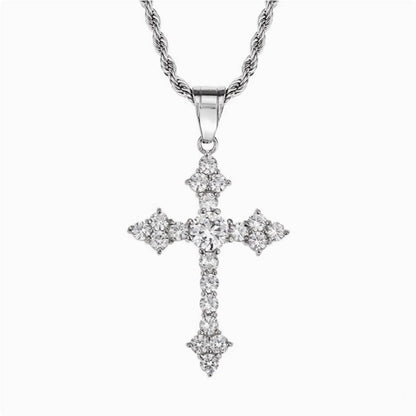 Crowned Ice Silver Cross with Gemstone Drop Necklace – Classic Hip-Hop Style with Faith